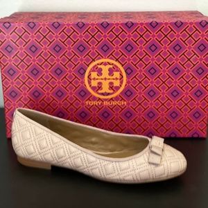 TORY BURCH MARION SEASHELL PINK LEATHER QUILTED BALLET FLATS